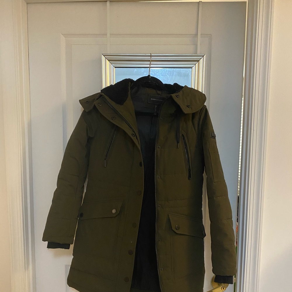Green coat with fleece lined hoodie
